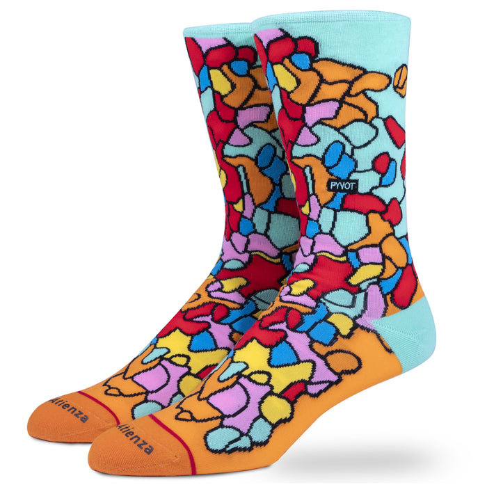 Multi colored cotton socks by artist Jayson Atienza. Mixed hue colors of orange, teal, red, pink, yellow these fun colored socks are perfect for dress socks or anything in-between.