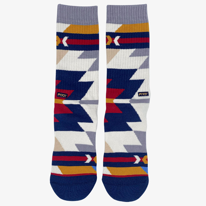 aztec inspired style sock laying flat with  soft cotton, anti microbial silver and compression. Perfect multicolor mesa style socks beige blue and red coloring  for every occasion.