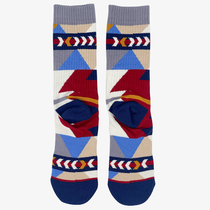 Back side Geometric style sock laying flat with soft cotton compression. Perfect multicolor indian style socks beige grey blue and red coloring for every occasion. socks.