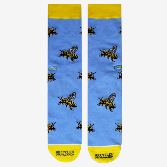 PYVOT x Recycled Propaganda Beeware bee socks. Blue and yellow buzzing bee inspired socks .