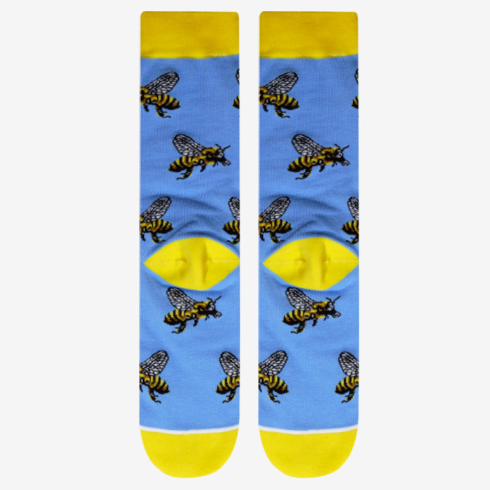 PYVOT beeware.  Cool Bee sock with yellow and blue cotton yarn, y stitched heel and seamless toe.