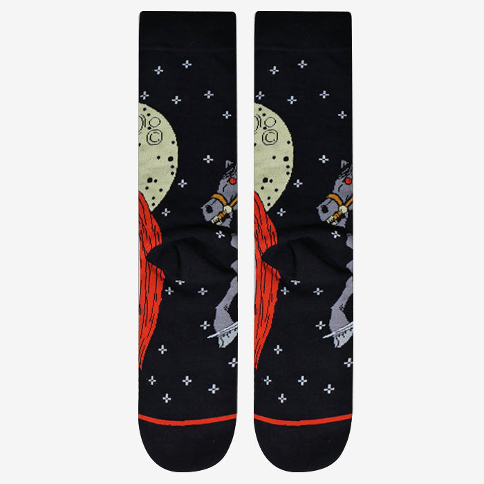 Black Halloween moon socks. Featuring headless pumpkin horseman riding into the moon and star light.