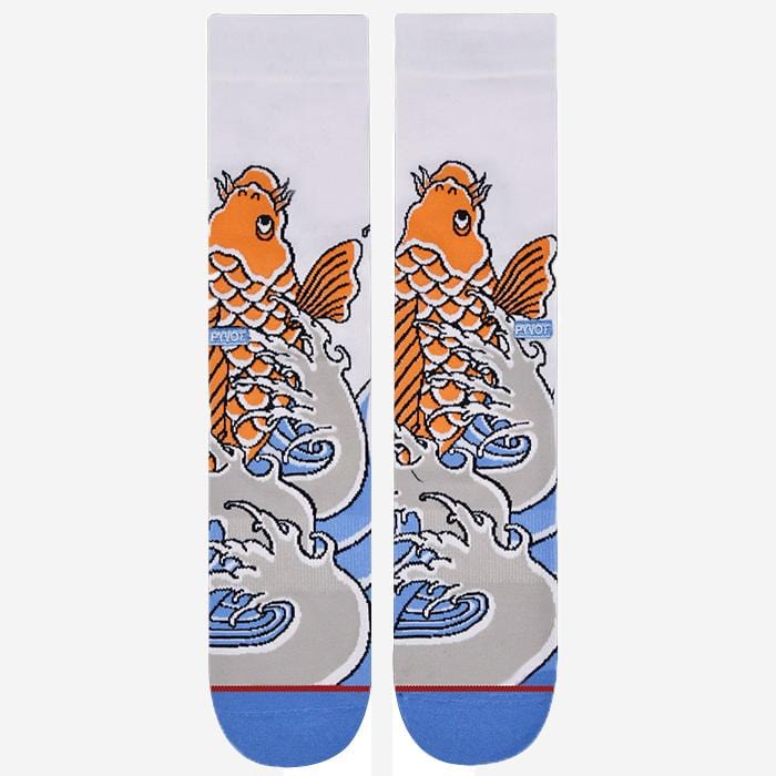 cool and fun white crew sock with koi fish includes combed cotton, moisture wicking and arch support