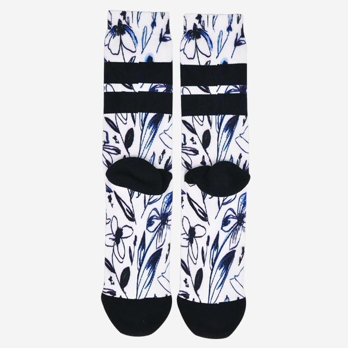 street art inspired cool and fun  white crew sock with floral includes moisture wicking and arch support