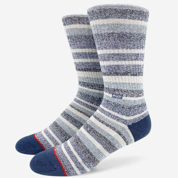 Cool and fun crew socks with blue stripes pattern made with combed cotton , moisture wicking and arch support