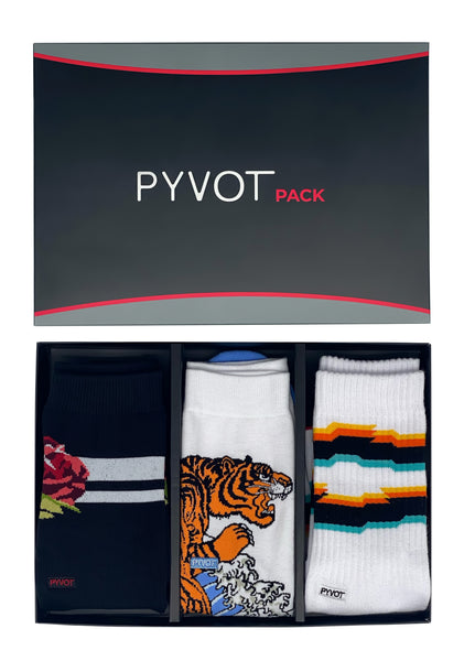 High quality mixed sock pack. cotton based socks with tiger , rose, and glitch design. 