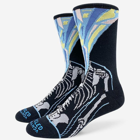 street art inspired cool and fun black skeleton crew sock with moisture wicking and arch support 